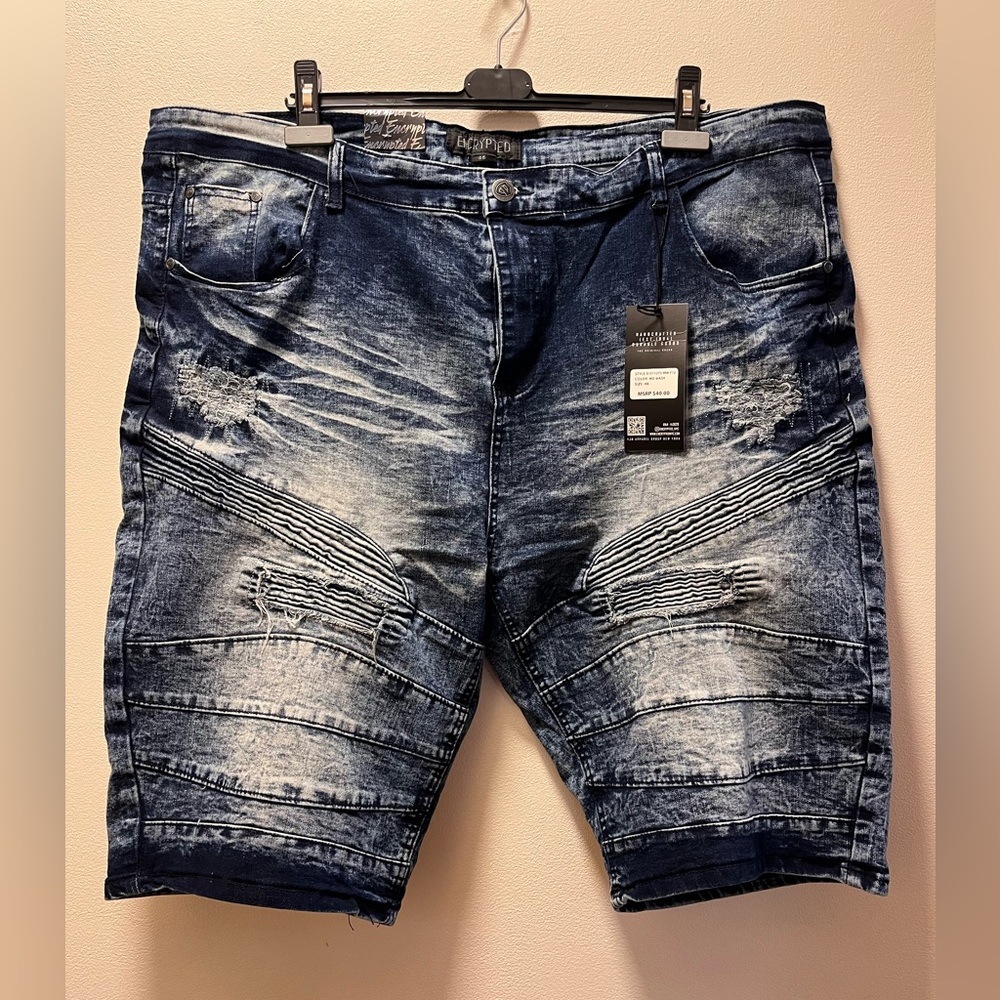 Encrypted Indie Denim Distressed Streetwear Shorts, Sz 48, Big/Tall, Men's, Blue